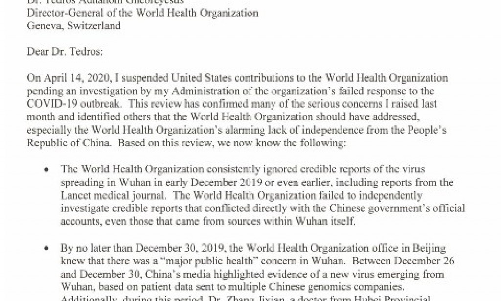 The White House Suspends Its Contributions to WHO and Wrote a Letter to Them on COVID-19